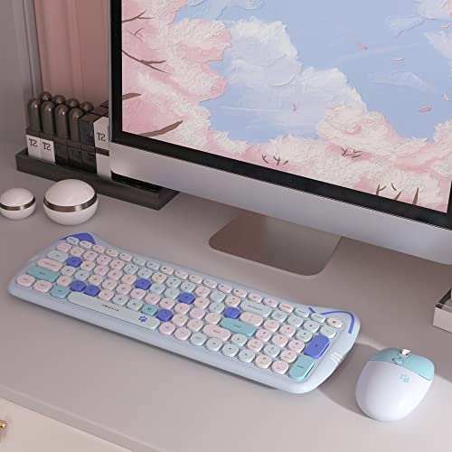 UBOTIE Wireless Keyboards and Mice Combos, Colorful Cute Cat Pattern Slim Compact Size 100keys Keyboard, 2.4GHz Cordless Connection with Optical Mouse (Blue-Colorful)