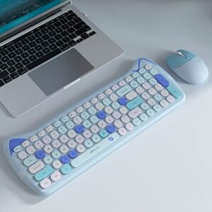 UBOTIE Wireless Keyboards and Mice Combos, Colorful Cute Cat Pattern Slim Compact Size 100keys Keyboard, 2.4GHz Cordless Connection with Optical Mouse (Blue-Colorful)