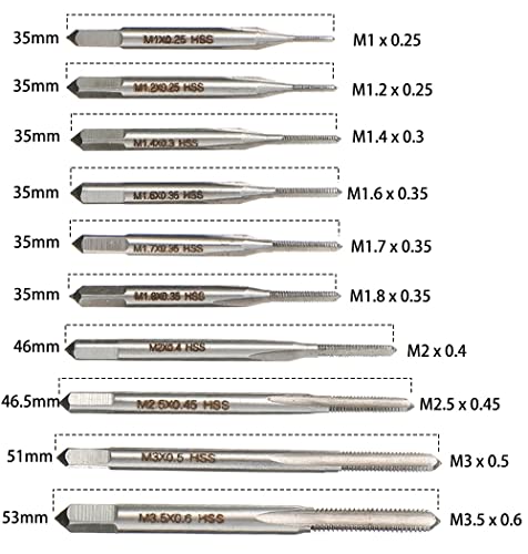 Saipe 10pcs Micro Taps Bit Small Hand Screw Thread Taps M1-M3.5 HSS Mini Metric Plug Tap Screw Tap Drill Tap Drill Set Tapping tool with Adjustable Tap Wrench 1/16-1/4''