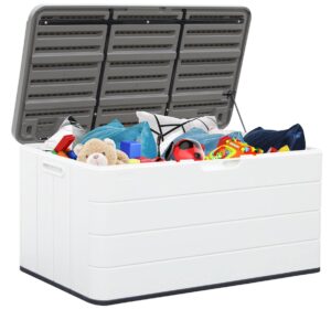 addok large outdoor storage deck box waterproof, resin patio storage for outdoor pillows, garden tools and pool toys, lockable (off-white)