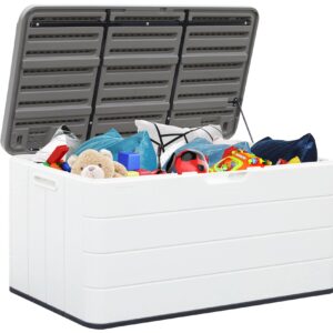 ADDOK Large Outdoor Storage Deck Box Waterproof, Resin Patio Storage for Outdoor Pillows, Garden Tools and Pool Toys, Lockable (Off-white)