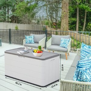 ADDOK Large Outdoor Storage Deck Box Waterproof, Resin Patio Storage for Outdoor Pillows, Garden Tools and Pool Toys, Lockable (Off-white)