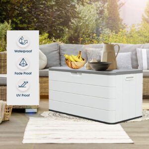 ADDOK Large Outdoor Storage Deck Box Waterproof, Resin Patio Storage for Outdoor Pillows, Garden Tools and Pool Toys, Lockable (Off-white)