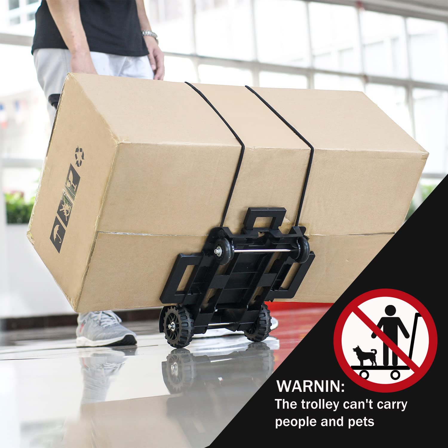 ZHJINGYU Folding Hand Truck,Utility cart with 4 Wheels & 2 Elastic Ropes,Portable Backpack Trolley,Luggage cart,Dolly,Grocery cart,Travel,Moving,Shopping.Aluminum Pole,Black,Small