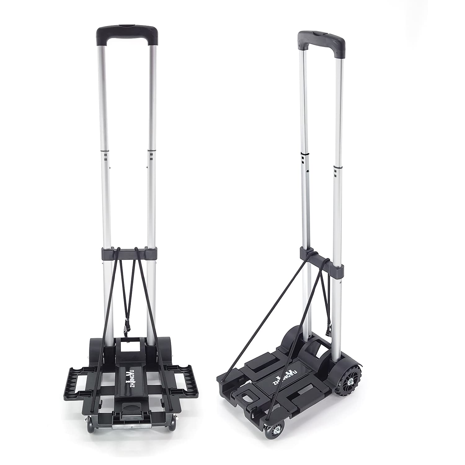 ZHJINGYU Folding Hand Truck,Utility cart with 4 Wheels & 2 Elastic Ropes,Portable Backpack Trolley,Luggage cart,Dolly,Grocery cart,Travel,Moving,Shopping.Aluminum Pole,Black,Small