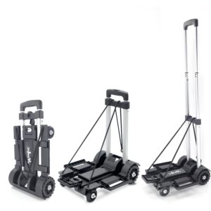 ZHJINGYU Folding Hand Truck,Utility cart with 4 Wheels & 2 Elastic Ropes,Portable Backpack Trolley,Luggage cart,Dolly,Grocery cart,Travel,Moving,Shopping.Aluminum Pole,Black,Small