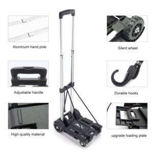 ZHJINGYU Folding Hand Truck,Utility cart with 4 Wheels & 2 Elastic Ropes,Portable Backpack Trolley,Luggage cart,Dolly,Grocery cart,Travel,Moving,Shopping.Aluminum Pole,Black,Small