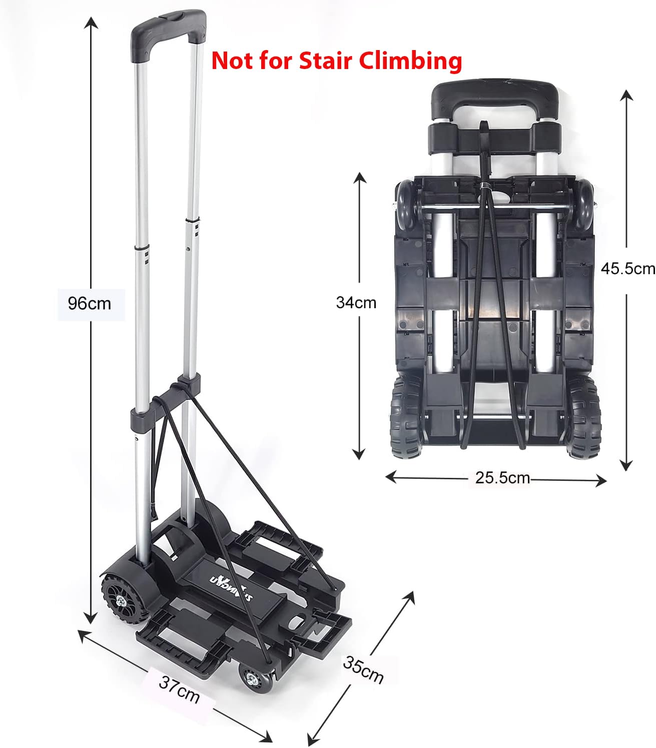 ZHJINGYU Folding Hand Truck,Utility cart with 4 Wheels & 2 Elastic Ropes,Portable Backpack Trolley,Luggage cart,Dolly,Grocery cart,Travel,Moving,Shopping.Aluminum Pole,Black,Small