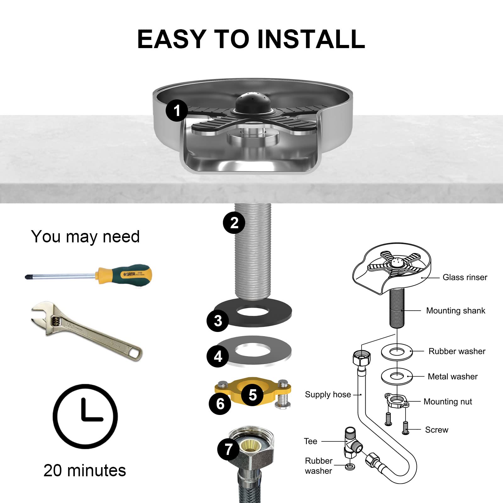 Rocyis Metal Glass Rinser-Cup Cleaner-Bottle Washer-Glass Cleaner for Kitchen Sink with 10 Jets, High Pressure Bar Sink Attachment, Brushed Nickel Stainless Steel