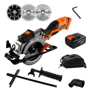 minova cordless circular saw, 20v 4-1/2'' handiness mini circular saw, compact circular saw with 4.0 ah lithium battery, fast charger, laser &parallel guide, 3 multifunction cutting blades