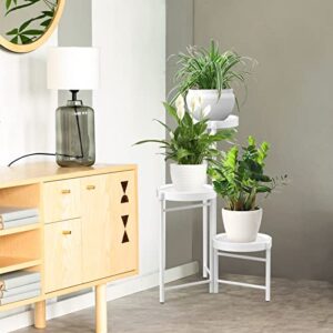 iDavosic.ly 3 Tiers Corner Plant Stand for Indoor Outdoor, Foldable Small Tiered Plants Holder Display Rack with 3 Trays, Flower Pot Tall Shelf for Living Room Balcony Garden Patio (Round, White)