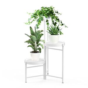 idavosic.ly 3 tiers corner plant stand for indoor outdoor, foldable small tiered plants holder display rack with 3 trays, flower pot tall shelf for living room balcony garden patio (round, white)