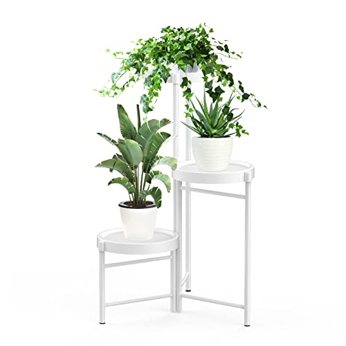 iDavosic.ly 3 Tiers Corner Plant Stand for Indoor Outdoor, Foldable Small Tiered Plants Holder Display Rack with 3 Trays, Flower Pot Tall Shelf for Living Room Balcony Garden Patio (Round, White)