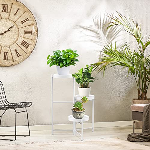 iDavosic.ly 3 Tiers Corner Plant Stand for Indoor Outdoor, Foldable Small Tiered Plants Holder Display Rack with 3 Trays, Flower Pot Tall Shelf for Living Room Balcony Garden Patio (Round, White)