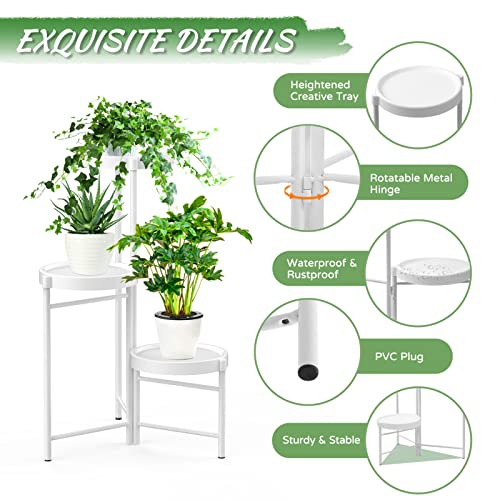 iDavosic.ly 3 Tiers Corner Plant Stand for Indoor Outdoor, Foldable Small Tiered Plants Holder Display Rack with 3 Trays, Flower Pot Tall Shelf for Living Room Balcony Garden Patio (Round, White)