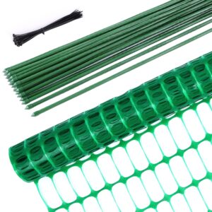 plastic garden fence with stakes: ohuhu green 4x100 ft reusable netting plastic safety fence roll 25 pack 4 ft stake, temporary pool fence snow fencing poultry fences for deer rabbits chicken dogs