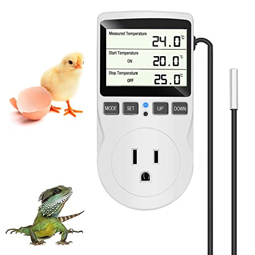 KABASI Digital Temperature Controller, LCD Screen Heating Cooling Reptile Thermostat with Sensor Probe for Snake, Lizard, Incubator, Brewing, Incubator, Greenhouse, Terrarium ℉/℃ 15A 1800W 120V