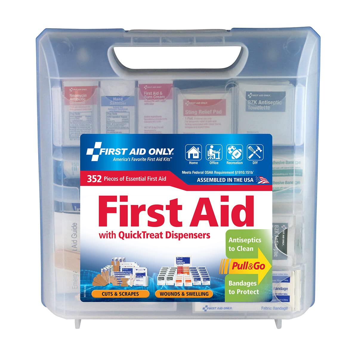 First Aid Only 91268 QuickTreat Dispenser Emergency First Aid Kit for Home, Work and Travel, 352 Pieces