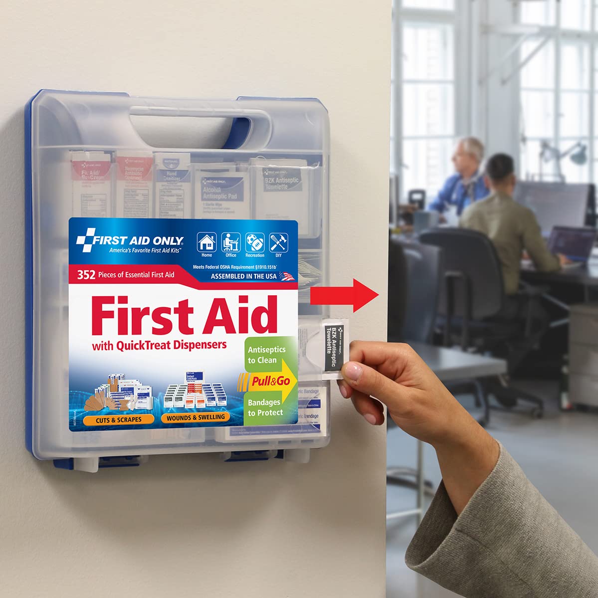 First Aid Only 91268 QuickTreat Dispenser Emergency First Aid Kit for Home, Work and Travel, 352 Pieces