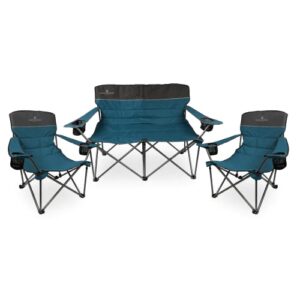 blue 3 piece campfire conversation set for camping, patio, hunting, beach, outdoor- camping folding padded loveseat with deluxe comfort chairs- set- folding set for festivals, beach, camping