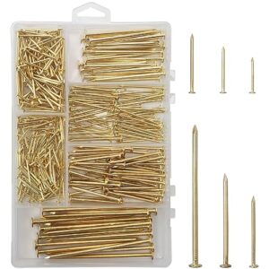 6 sizes gold hardware nails assortment kit, 358pcs, brass plated, nails for hanging pictures, finishing nails, wood nails, wall nails for hanging (3”, 2”, 1-1/2”, 1-1/4", 1”, 3/4")