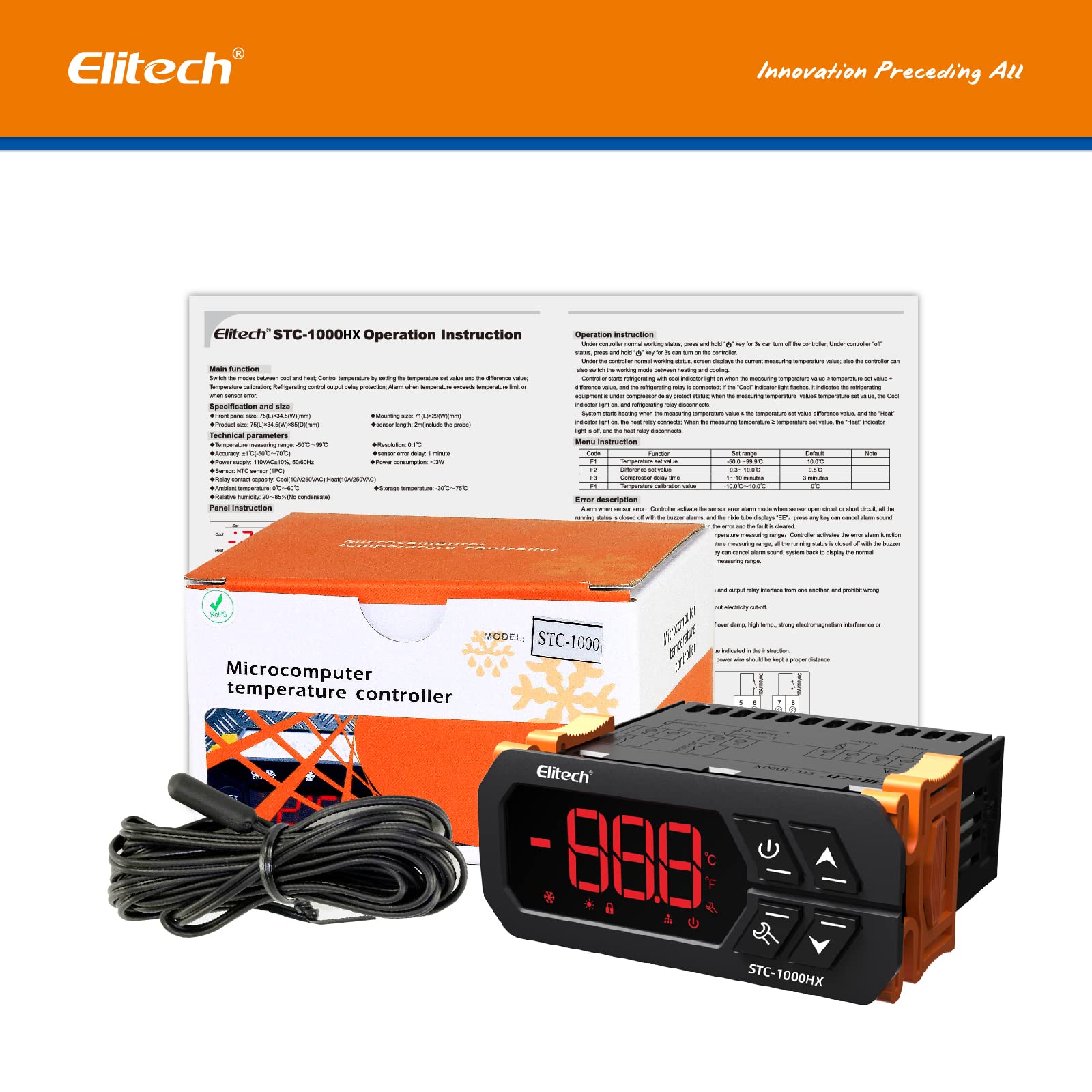 Elitech STC-1000HX Temperature Controller STC-1000 2nd Upgraded ℉⇋℃ Fahrenheit Celsius Switchable Origin Digital 110V Thermostat 2 Relays Advanced from STC-1000 New Panel 30% Larger