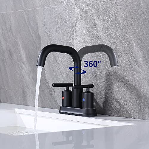 JAKARDA 4Inch 2 Handle Black Bathroom Faucet for Sink 3 Holes, Centerset Bathroom Sink Faucet with Pop up Drain Assembly and Water Supply Lines,Matte Black