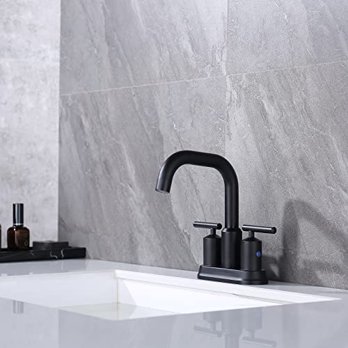 JAKARDA 4Inch 2 Handle Black Bathroom Faucet for Sink 3 Holes, Centerset Bathroom Sink Faucet with Pop up Drain Assembly and Water Supply Lines,Matte Black