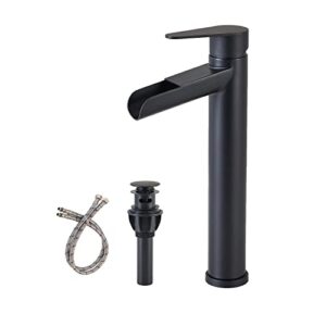 hotis vessel sink faucet, matte black waterfall bathroom faucet, tall body single hole single handle bathroom faucet, bathroom sink faucet with pop up drain and 3/8" hoses supply line