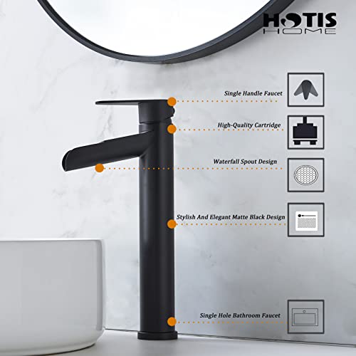 HOTIS Vessel Sink Faucet, Matte Black Waterfall Bathroom Faucet, Tall Body Single Hole Single Handle Bathroom Faucet, Bathroom Sink Faucet with Pop Up Drain and 3/8" Hoses Supply Line