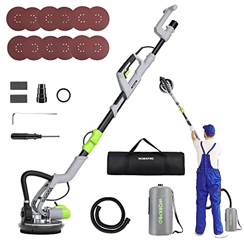 WORKPRO Drywall Sander, 720W Electric Sander with Vacuum, 7 Variable Speed 1100-1850 RPM Wall Sander with 12 Pcs Sanding discs, LED Light, Extendable Handle, Long Dust Hose and Storage Bag