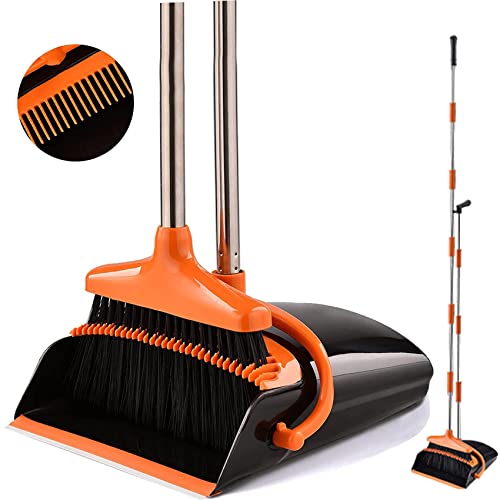 Broom and Dustpan Set - Upright Dustpan and Broom Combo Set - Self Cleaning with Dustpan Teeth Standing Dust Pan for Home Kitchen Easy Assembly, Orange