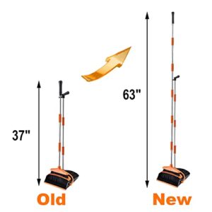 Broom and Dustpan Set - Upright Dustpan and Broom Combo Set - Self Cleaning with Dustpan Teeth Standing Dust Pan for Home Kitchen Easy Assembly, Orange