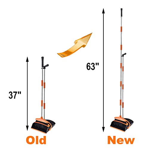 Broom and Dustpan Set - Upright Dustpan and Broom Combo Set - Self Cleaning with Dustpan Teeth Standing Dust Pan for Home Kitchen Easy Assembly, Orange