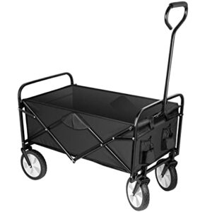 YSSOA Folding Garden Cart PRO, Collapsible Wagon with 360 Degree Swivel Wheels & Adjustable Handle, Black, 220lbs Weight Capacity