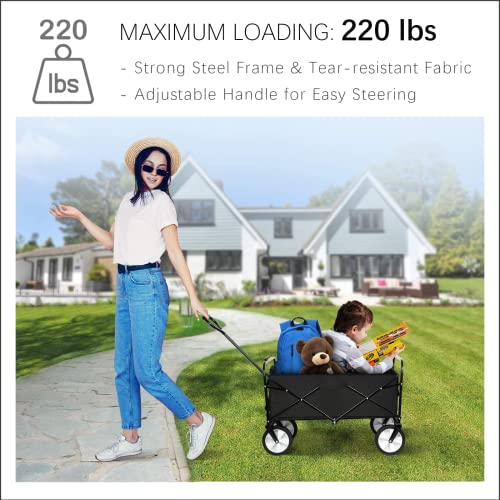 YSSOA Folding Garden Cart PRO, Collapsible Wagon with 360 Degree Swivel Wheels & Adjustable Handle, Black, 220lbs Weight Capacity