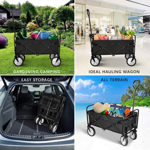 YSSOA Folding Garden Cart PRO, Collapsible Wagon with 360 Degree Swivel Wheels & Adjustable Handle, Black, 220lbs Weight Capacity