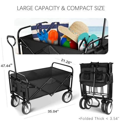YSSOA Folding Garden Cart PRO, Collapsible Wagon with 360 Degree Swivel Wheels & Adjustable Handle, Black, 220lbs Weight Capacity
