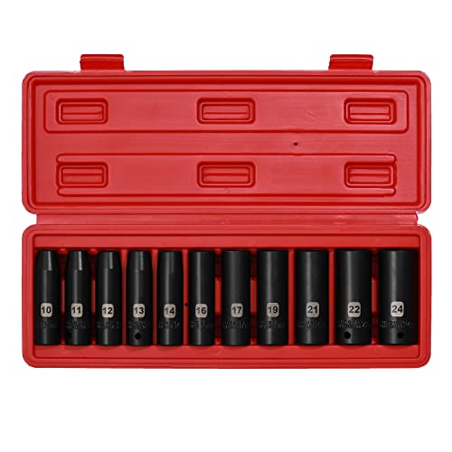 Mayouko 1/2" Drive Deep Metric Impact Socket Set, CR-V, 6 Point, 11 Pieces, 10mm to 24mm