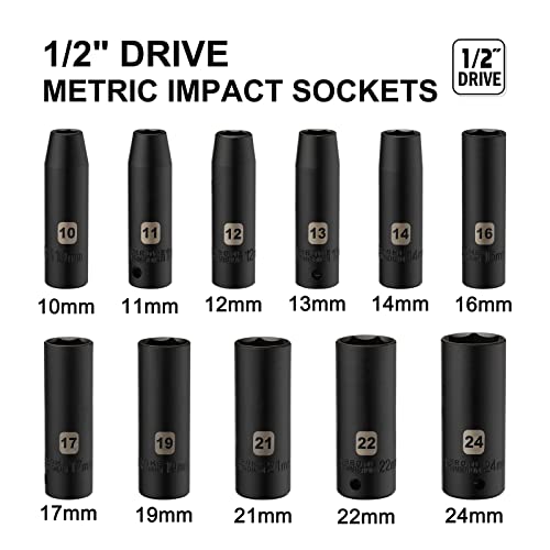 Mayouko 1/2" Drive Deep Metric Impact Socket Set, CR-V, 6 Point, 11 Pieces, 10mm to 24mm