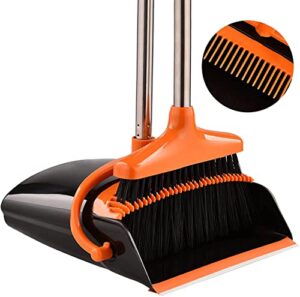 broom and dustpan set-self cleaning with dustpan teeth standing dust pan self cleaning with dustpan teeth standing dust pan for home kitchen easy assembly, orange