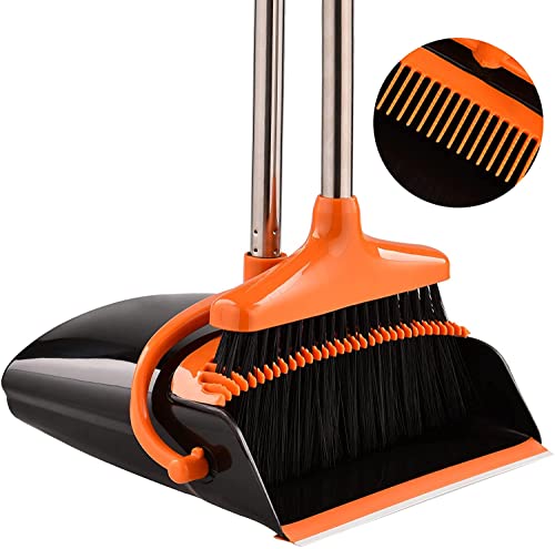 Broom and Dustpan Set-Self Cleaning with Dustpan Teeth Standing Dust Pan Self Cleaning with Dustpan Teeth Standing Dust Pan for Home Kitchen Easy Assembly, Orange