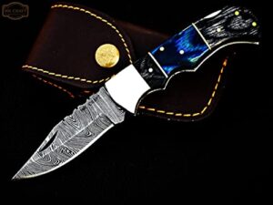 personalized & customized word "a" damascus pocket knife folding hunting knives 6.5" back lock with leather sheath damascus blade knife - folding camping pocket knife - small folding knife - handmade gift knife - folding knives - sharpest pocket knife - h