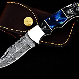 Personalized & Customized Word "A" Damascus pocket knife folding hunting knives 6.5" back lock with leather sheath Damascus blade knife - folding camping pocket knife - small folding knife - handmade gift knife - folding knives - sharpest pocket knife - h