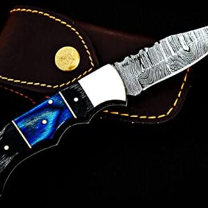 Personalized & Customized Word "A" Damascus pocket knife folding hunting knives 6.5" back lock with leather sheath Damascus blade knife - folding camping pocket knife - small folding knife - handmade gift knife - folding knives - sharpest pocket knife - h