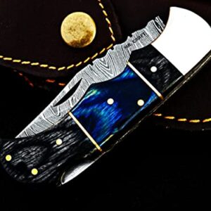 Personalized & Customized Word "A" Damascus pocket knife folding hunting knives 6.5" back lock with leather sheath Damascus blade knife - folding camping pocket knife - small folding knife - handmade gift knife - folding knives - sharpest pocket knife - h