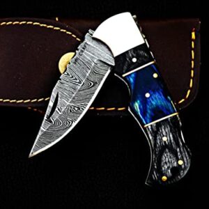 Personalized & Customized Word "A" Damascus pocket knife folding hunting knives 6.5" back lock with leather sheath Damascus blade knife - folding camping pocket knife - small folding knife - handmade gift knife - folding knives - sharpest pocket knife - h