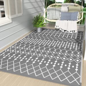 genimo outdoor rug for patio clearance, 5'x8'waterproof reversible outside outdoor decor, area boho rug, plastic straw mat for rv, deck, patio, camping, picnic, porch, camper, grey&white