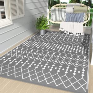 GENIMO Outdoor Rug for Patio Clearance, 5'x8'Waterproof Reversible Outside Outdoor Decor, Area Boho Rug, Plastic Straw Mat for RV, Deck, Patio, Camping, Picnic, Porch, Camper, Grey&White