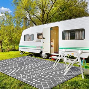 GENIMO Outdoor Rug for Patio Clearance, 5'x8'Waterproof Reversible Outside Outdoor Decor, Area Boho Rug, Plastic Straw Mat for RV, Deck, Patio, Camping, Picnic, Porch, Camper, Grey&White
